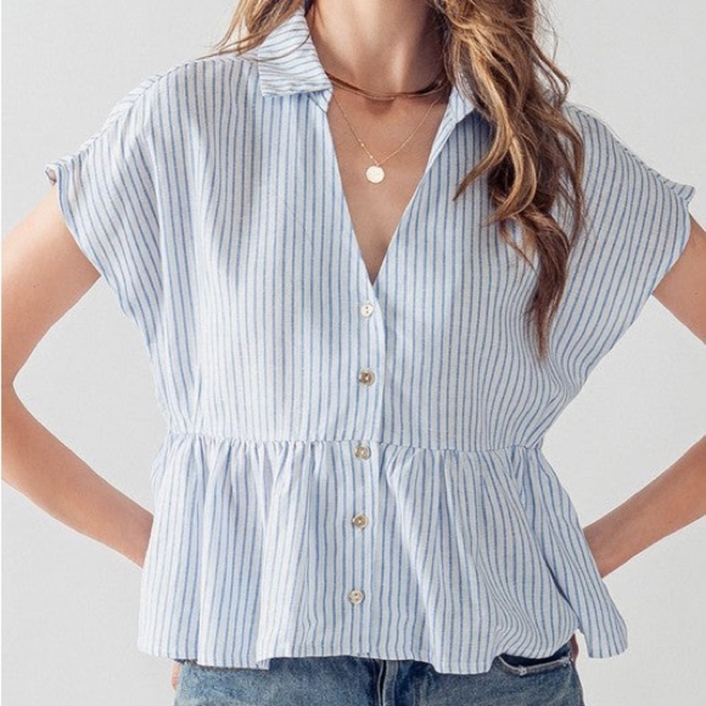 3/$25! NEW! Women’s Boutique Classic Carol Button Up Striped Linen Peplum Top M - Picture 1 of 16